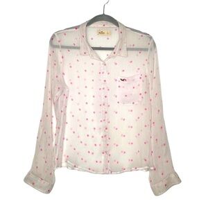 Hollister Women's White & Pink Polka Dot Sheer Button-Down Shirt size Large